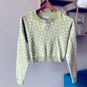 Hollister pastel green floral pattern knit crop sweater Small S preppy whimsy